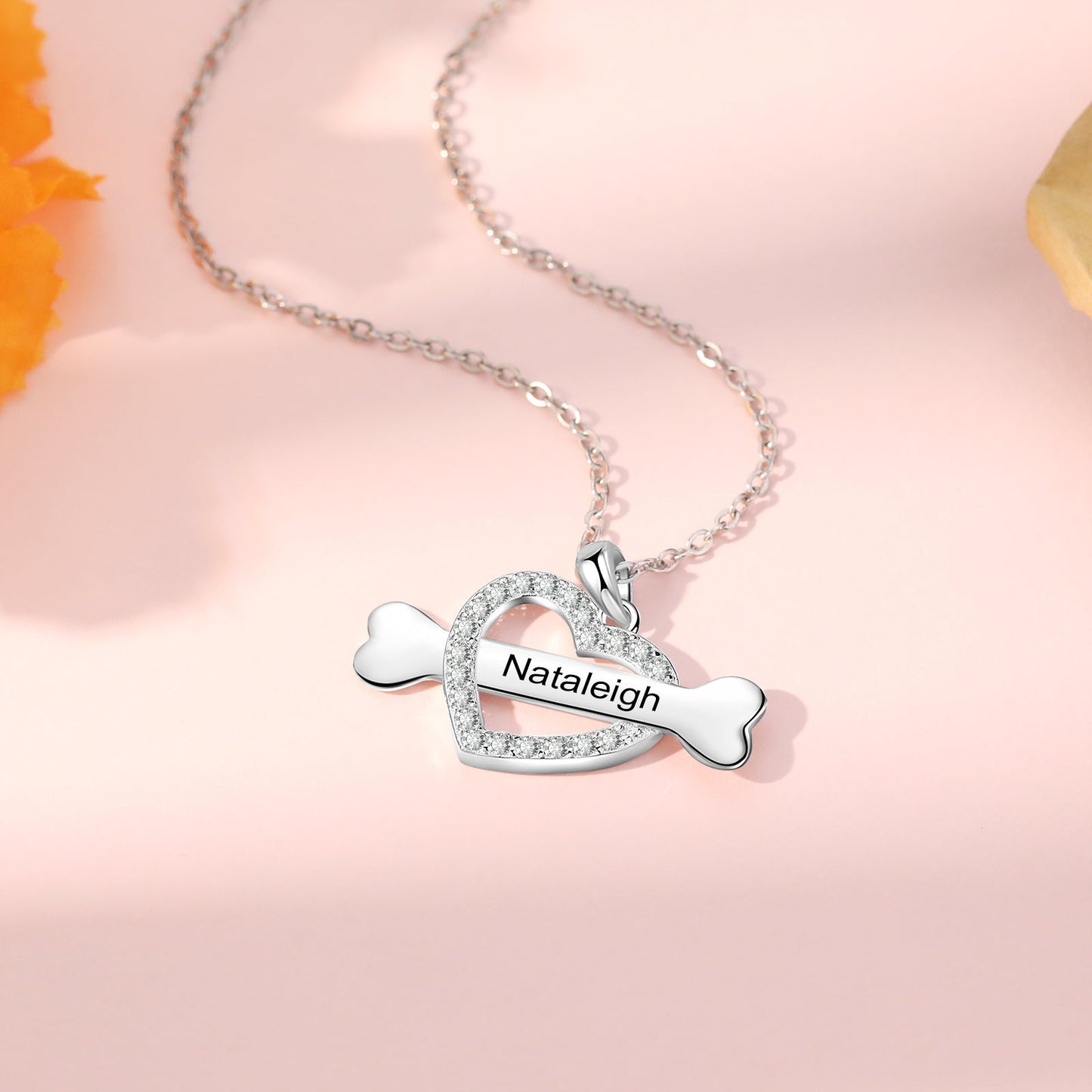 Custom Name Heart With Bone Necklace-3