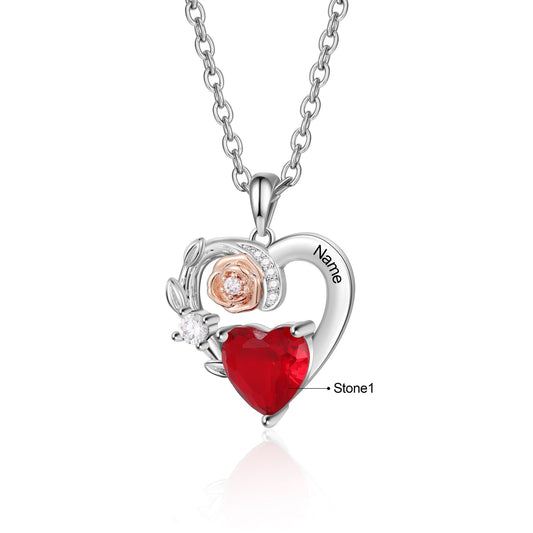 Custom Name Heart With Rose Flower Necklace-0