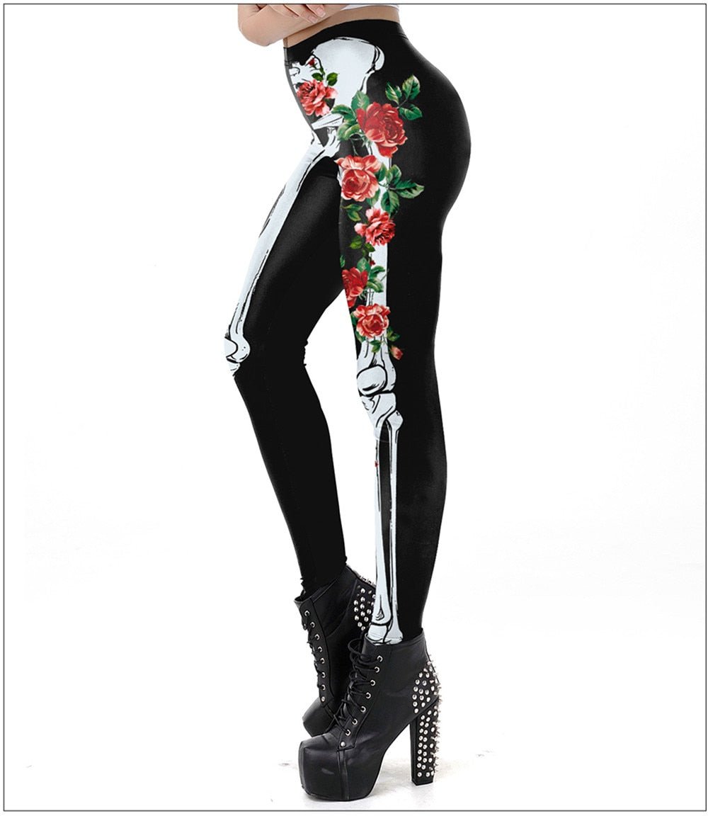 Classic Skeleton Rose Leggings For Women 3D Printing Legging Fashion Halloween Workout Pants Fitness Leggins-0