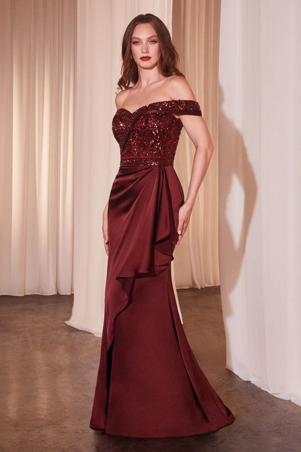Off The Shoulder Satin & Beaded Gown - Memoriex - UK