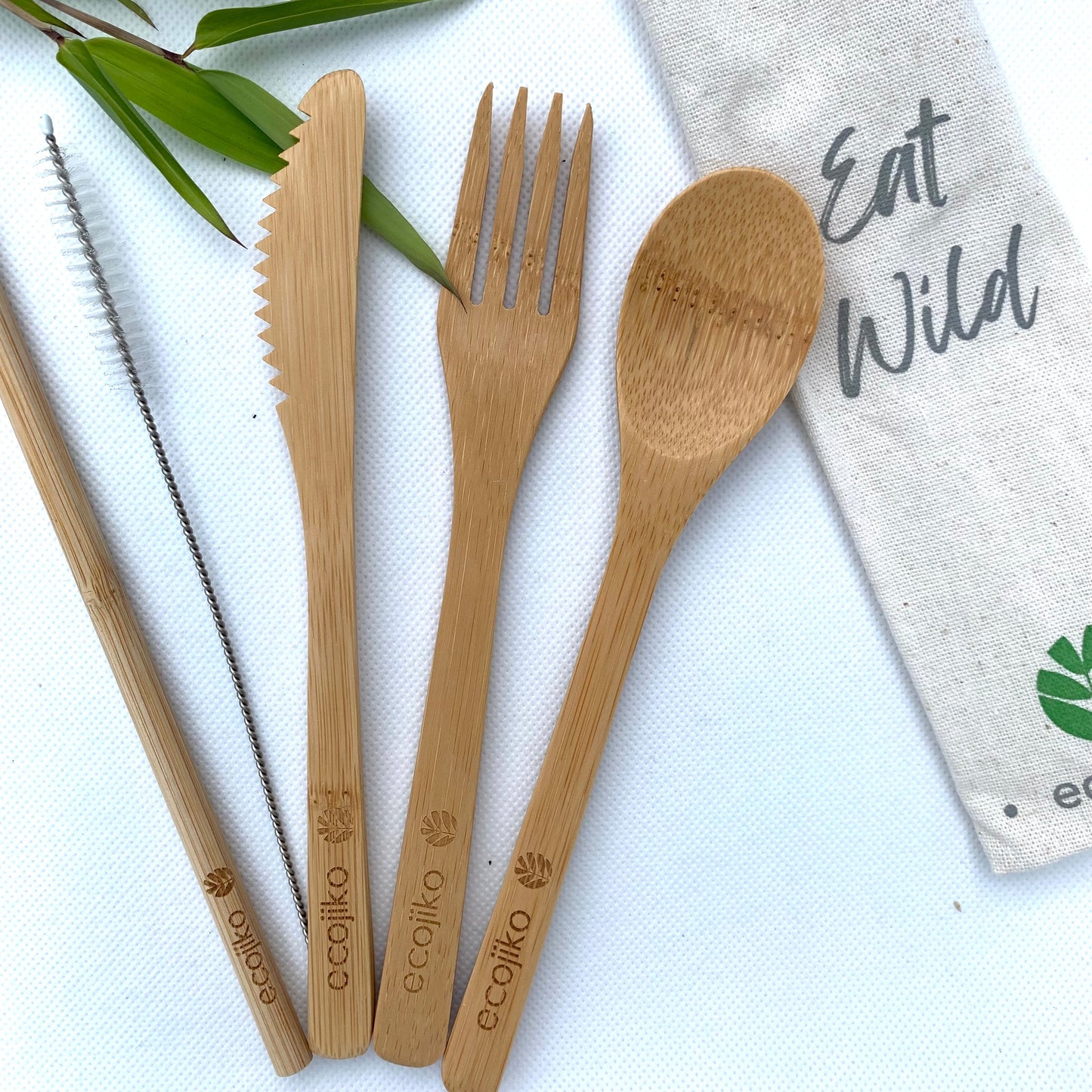 Reusable Travel Cutlery Set | Natural Sustainable Bamboo Wooden Fork, Spoon, Knife, Straw & Straw Cleaner in Jute Bag-2