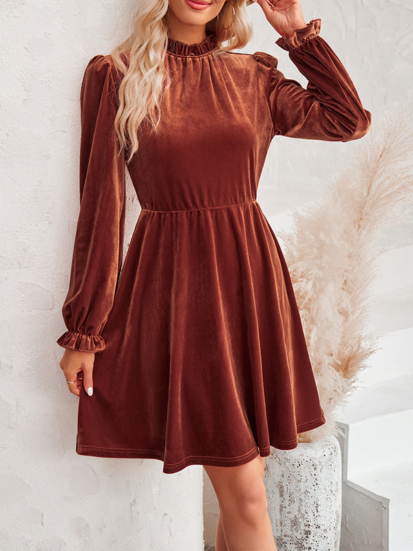 A-Line High Waisted Hollow Ruffled Solid Color Velvet Mock Neck Mini Dresses by migunica-4