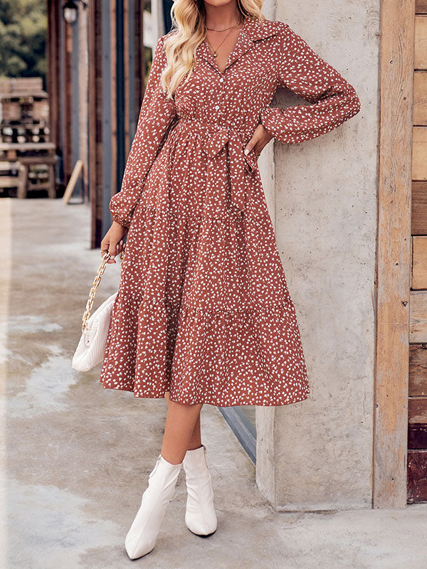 A-Line Long Sleeves Buttoned Flower Print Pleated Split-Joint Tied Waist Lapel Midi Dresses by migunica-3