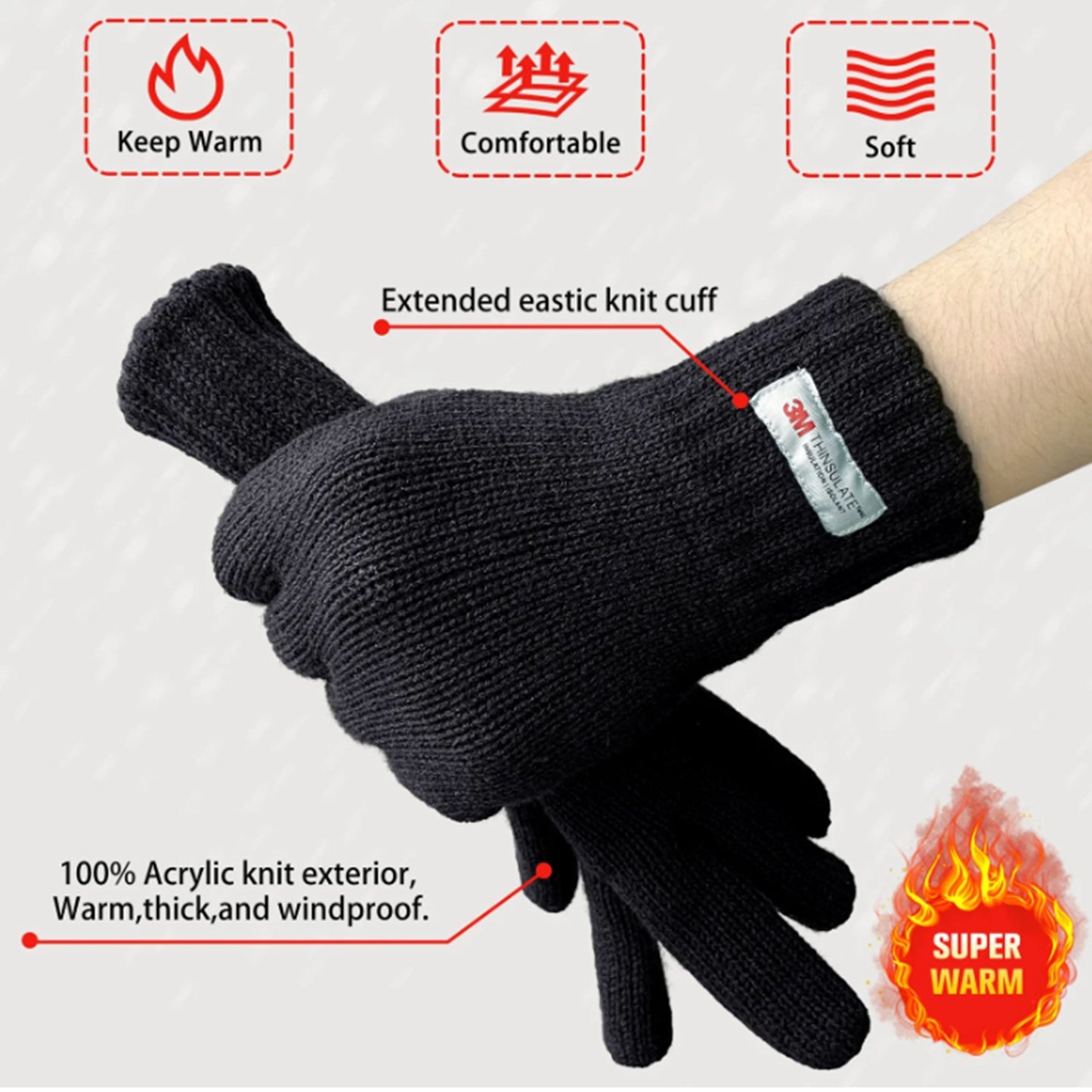 Men's Thinsulate Thermal Insulated Fleece-Lined Knitted Gloves-1