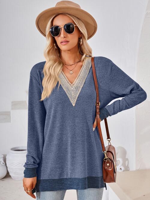 Crochet Contrast V-Neck Long Sleeve Slit T-Shirt by VYSN-3