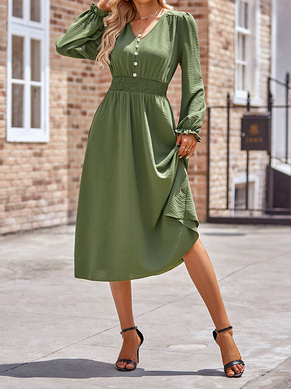 A-Line Long Sleeves Buttoned Elasticity V-Neck Midi Dresses by migunica-2