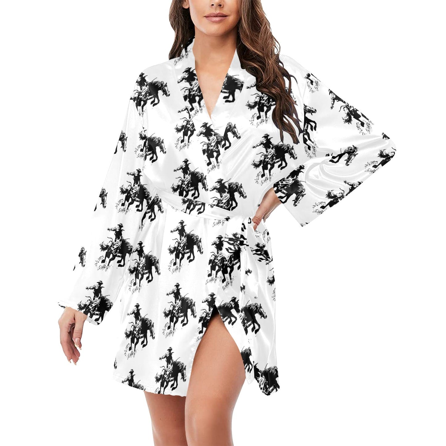 Rodeo Bronc Women's Long Sleeve Belted Satin Feel Dressing Lounge Robe by Baha Ranch Western Wear-0