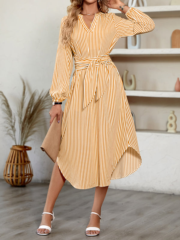 A-Line Long Sleeves Striped Tied Waist V-Neck Midi Dresses Shirt Dress by migunica-0