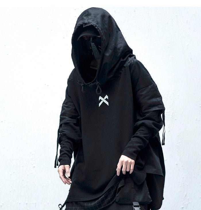 DARK Japanese Streetwear Man Hoodies Hip Hop Embroideried Pullover Patchwork Fake Two Darkwear Tops Techwear Hoodies-4