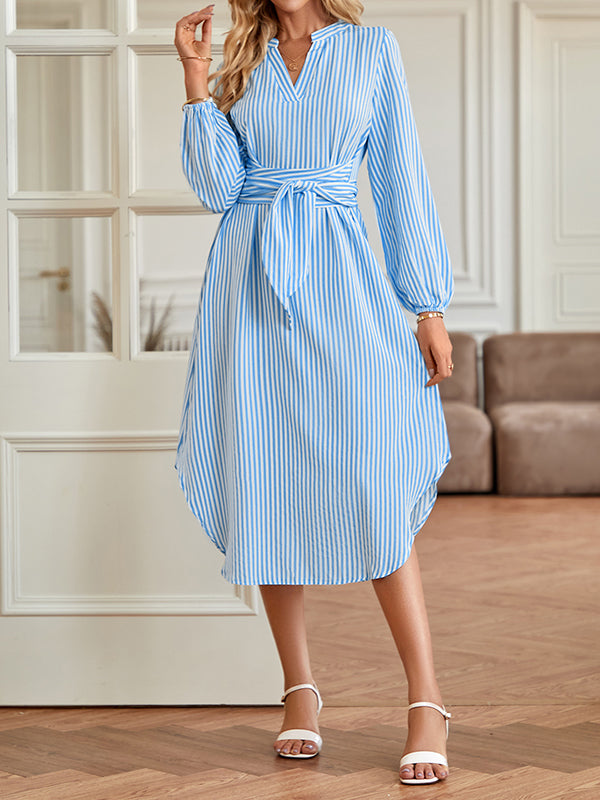 A-Line Long Sleeves Striped Tied Waist V-Neck Midi Dresses Shirt Dress by migunica-3