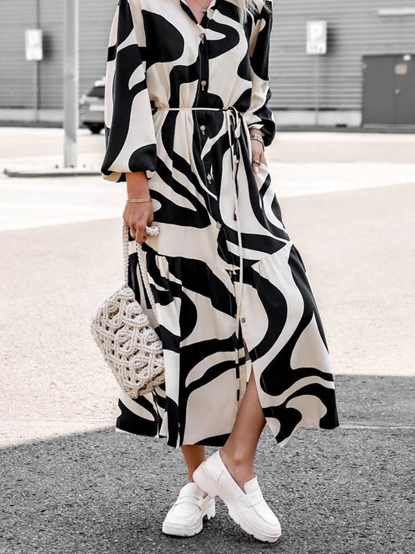 Long Sleeves Loose Contrast Color Pleated Printed Split-Joint Tied Waist Lapel Shirt Dress by migunica-3