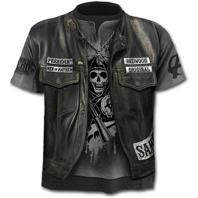 Denim effect men's T-shirt funny skull short sleeve 3D round neck top horror skull demon shirt-15