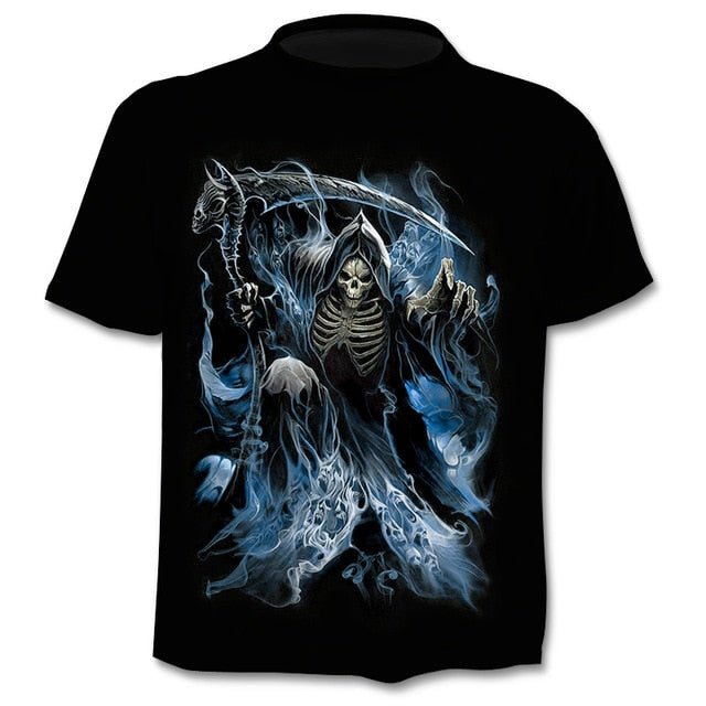 Denim effect men's T-shirt funny skull short sleeve 3D round neck top horror skull demon shirt-4