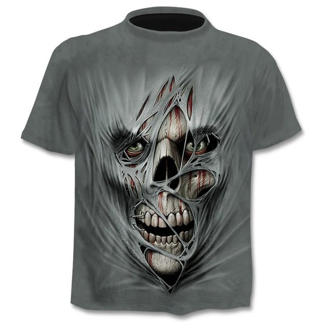 Denim effect men's T-shirt funny skull short sleeve 3D round neck top horror skull demon shirt-13