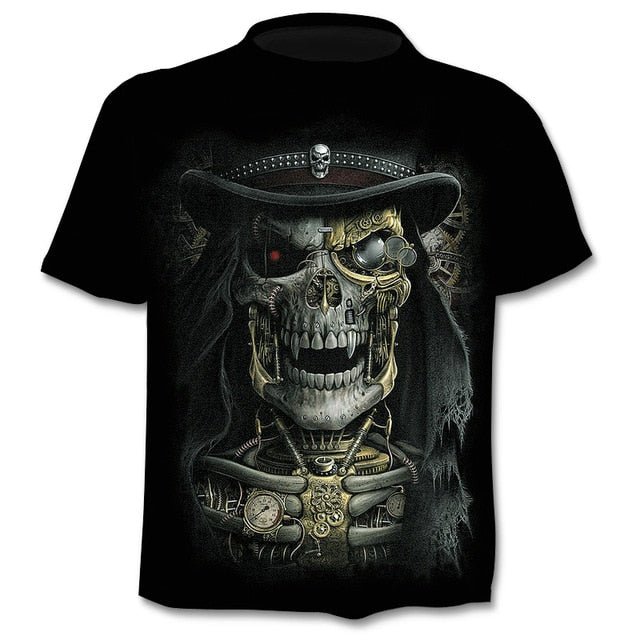 Denim effect men's T-shirt funny skull short sleeve 3D round neck top horror skull demon shirt-3