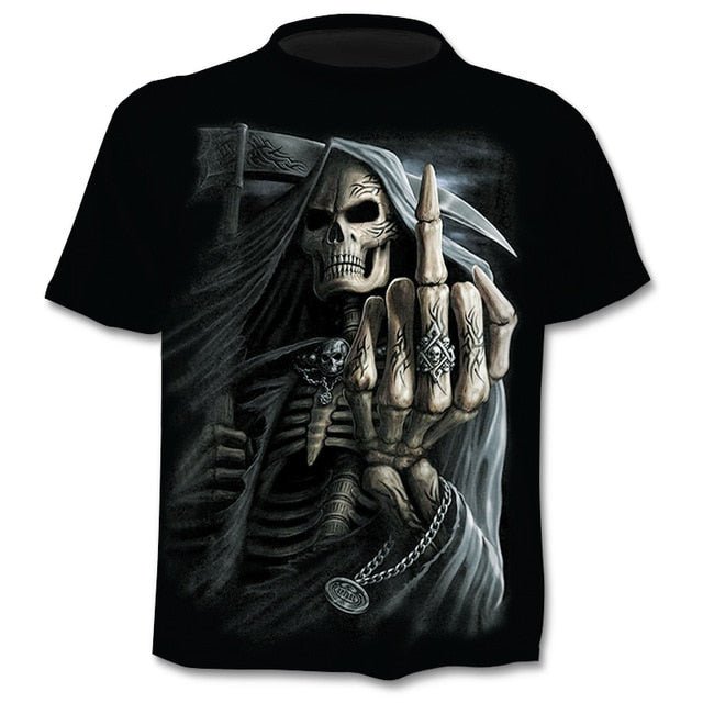 Denim effect men's T-shirt funny skull short sleeve 3D round neck top horror skull demon shirt-14