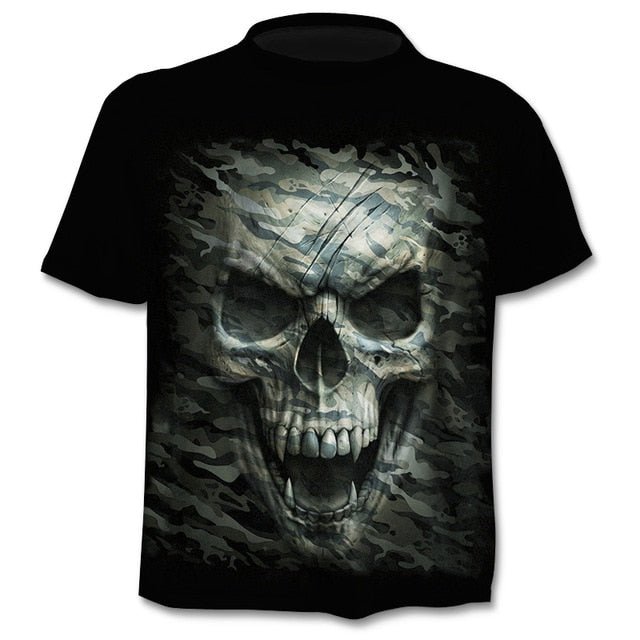 Denim effect men's T-shirt funny skull short sleeve 3D round neck top horror skull demon shirt-1