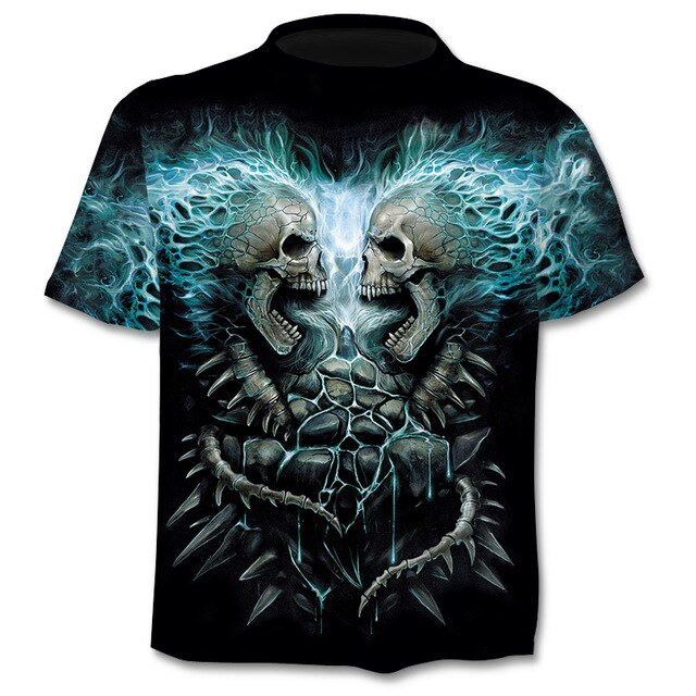 Denim effect men's T-shirt funny skull short sleeve 3D round neck top horror skull demon shirt-9