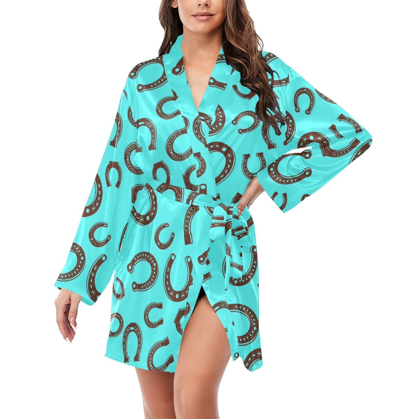 Turquoise Horseshoe Women's Long Sleeve Belted Satin Feel Dressing Lounge Robe by Baha Ranch Western Wear-0