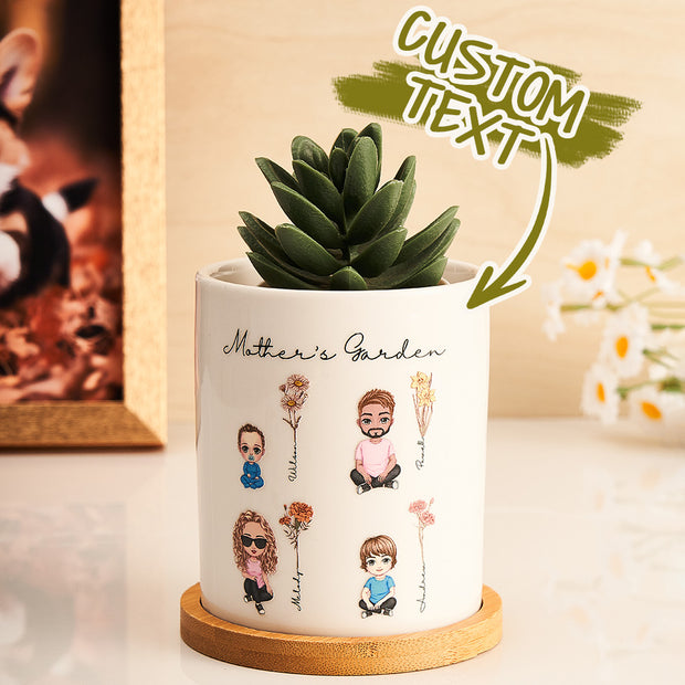 Personalised Birth Flower Plant Pot | Custom Family Cartoon Figure Planter | Gift for Mum - Memoriex