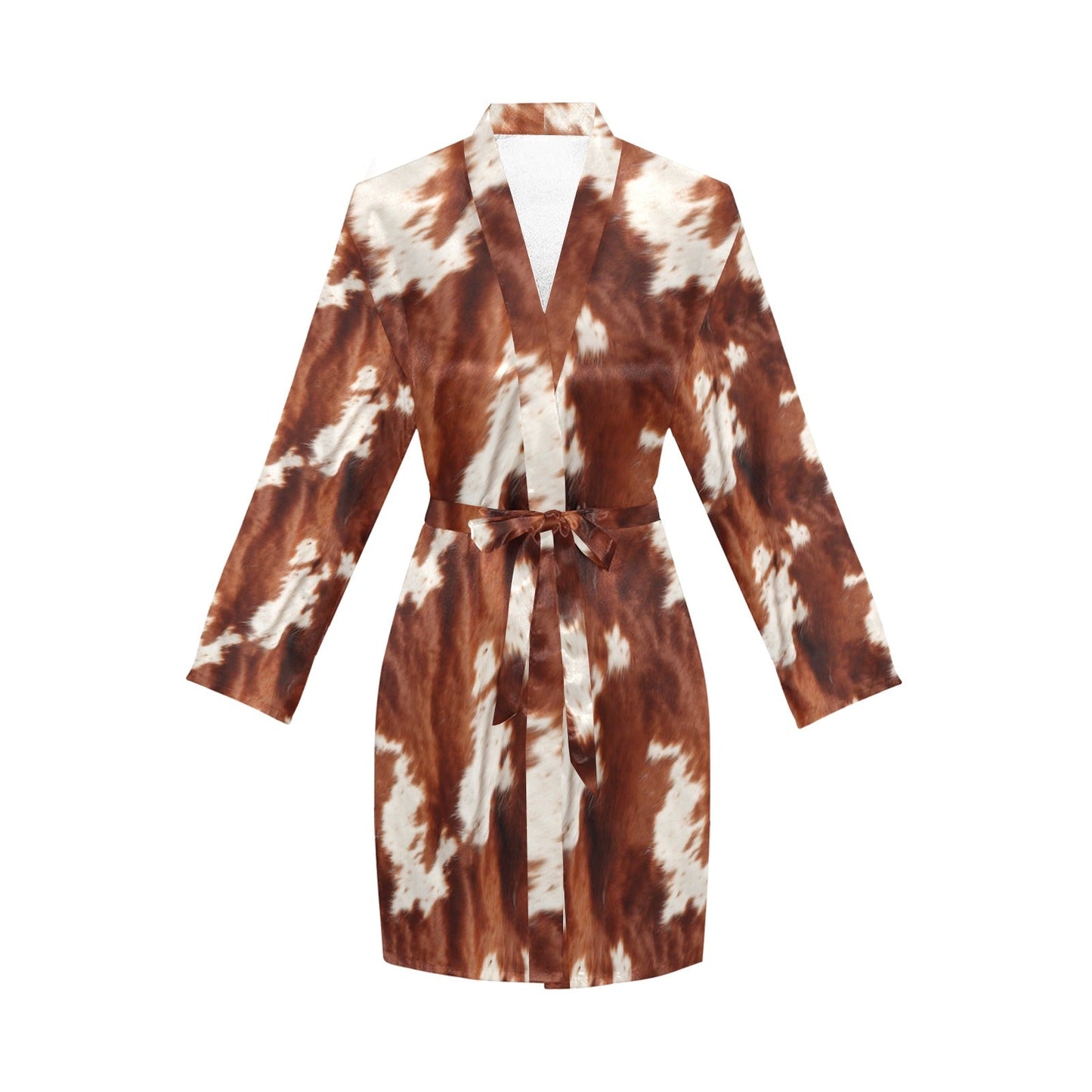 Brown Cow Print Women's Long Sleeve Belted Satin Feel Dressing Lounge Robe by Baha Ranch Western Wear-2