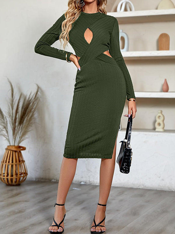 A-Line Long Sleeves Hollow Solid Color Split-Side Round-Neck Midi Dresses by migunica-1