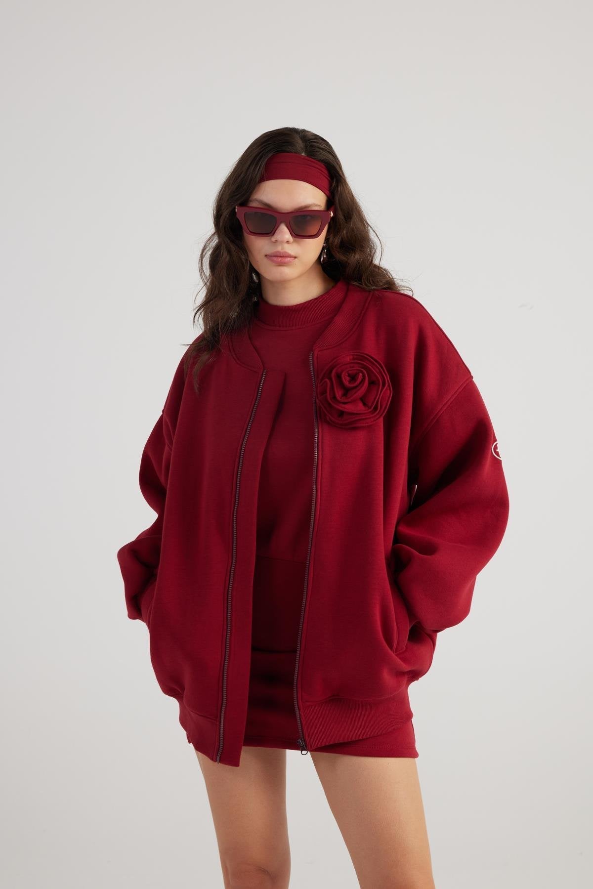 Alexa Burgundy Oversize Bomber Jacket with Removable Rose Accessory - Memoriex 