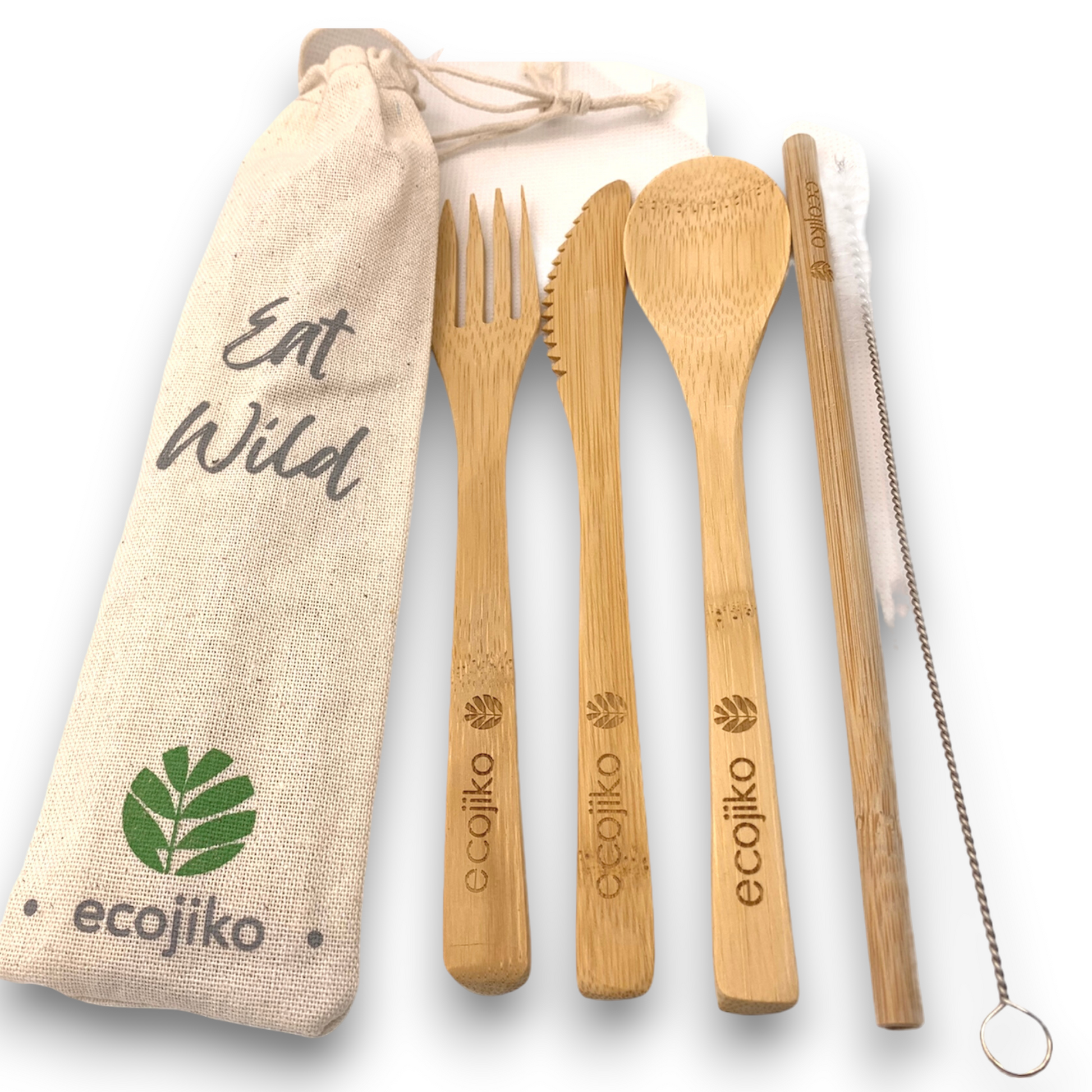 Reusable Travel Cutlery Set | Natural Sustainable Bamboo Wooden Fork, Spoon, Knife, Straw & Straw Cleaner in Jute Bag-0