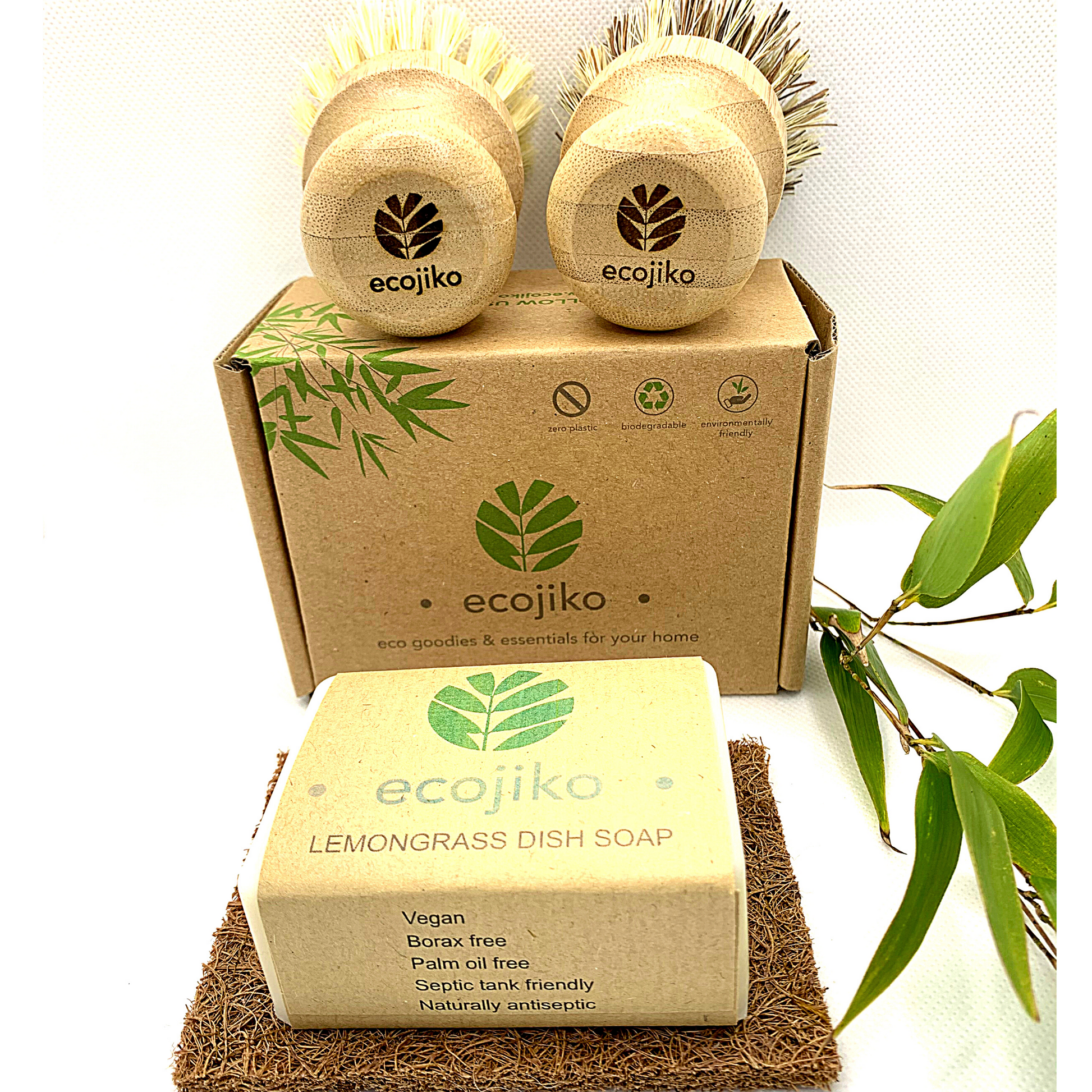 Vegan Dish Soap & Natural Scrubbing Brush Gift Set | Sustainable Bamboo Plant Based Dish Brushes, Coconut Coir Soap Rest & Natural Dish Soap-1