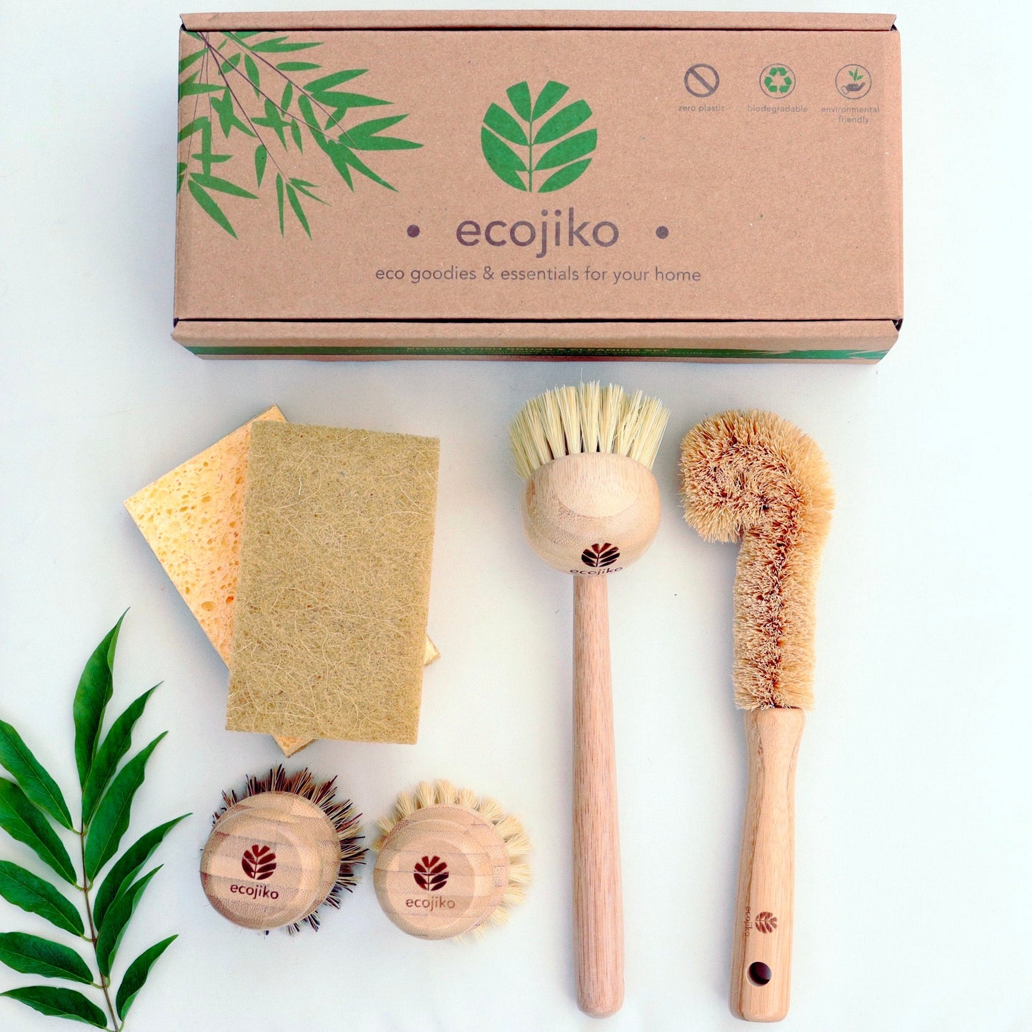 Zero Waste Kitchen Starter Kit | Natural Wooden Bamboo and Plant Based Brushes, Bamboo Dish Cloth and Cellulose Sponge Scourer Dish Brush Gift Set-1