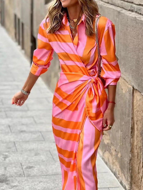 High Waisted Long Sleeves Asymmetric Knot Printed Striped Lapel Maxi Dresses by migunica-0