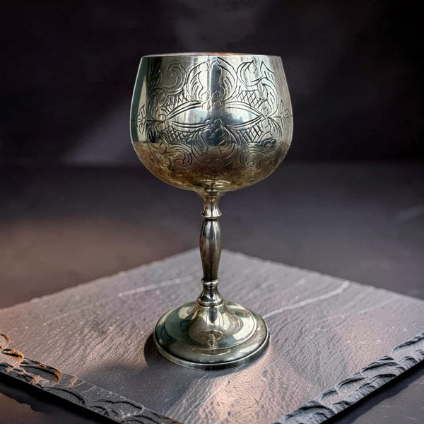 Repurposed Engraved Silver Goblet Candle - Walled Garden-0