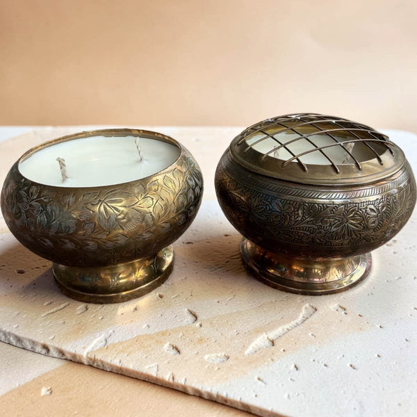 Repurposed Etched Brass Bowl Candle-0