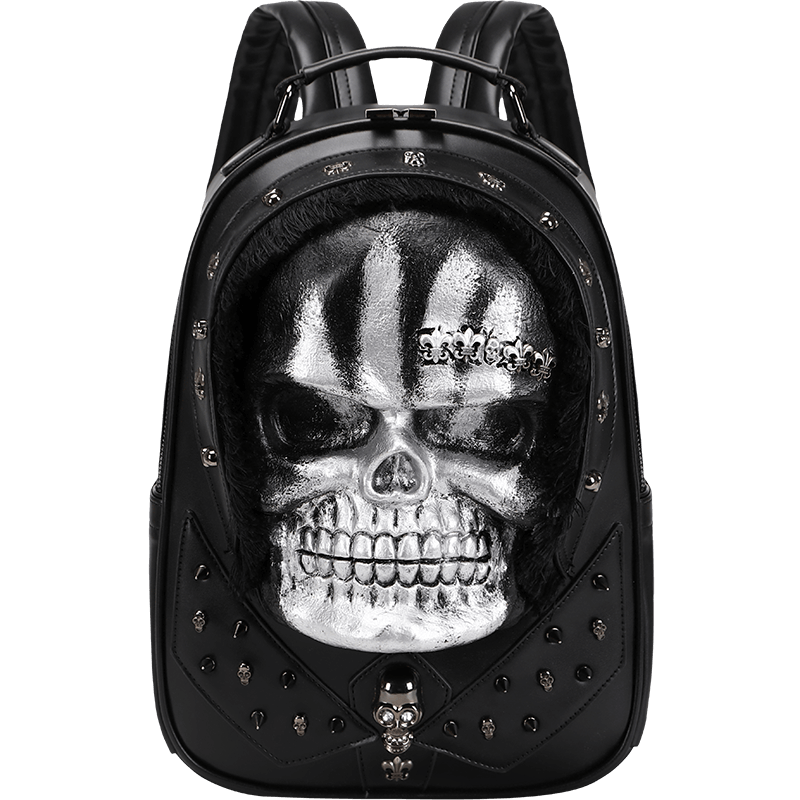 3D Skull Backpack,Skull  Studded, With Hair Backpack-4