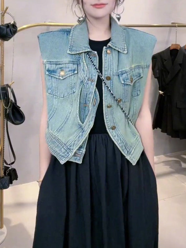 Loose Sleeveless Asymmetric Buttoned Pockets Split-Joint Lapel Collar Vest Outerwear by migunica-3