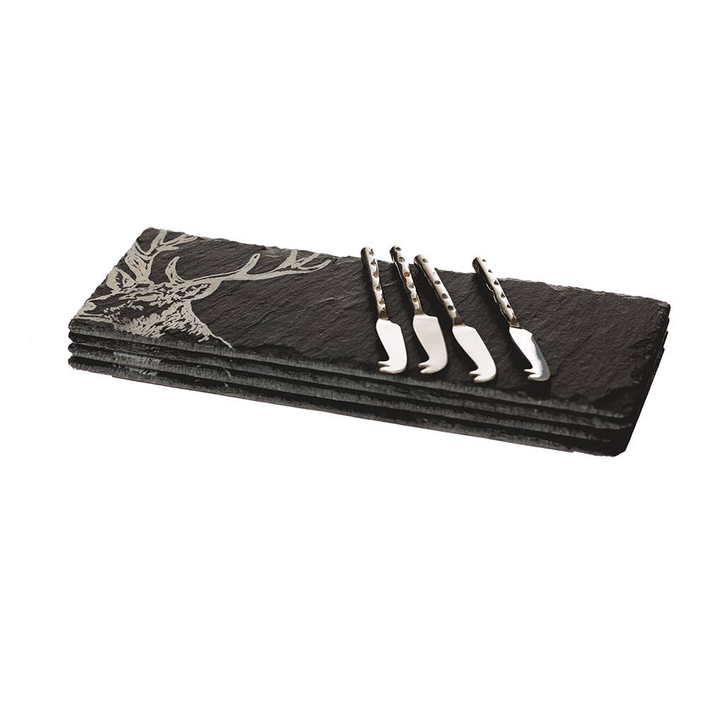 4 Stag Mini Slate Cheese Board & Knife Sets-0