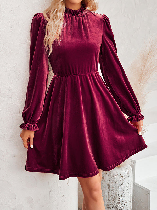 A-Line High Waisted Hollow Ruffled Solid Color Velvet Mock Neck Mini Dresses by migunica-1