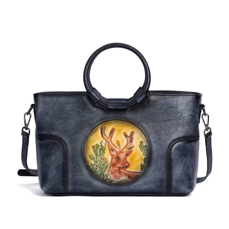 Fashion Large Capacity Round Handle Vintage Leather Shoulder Tote Bag-1