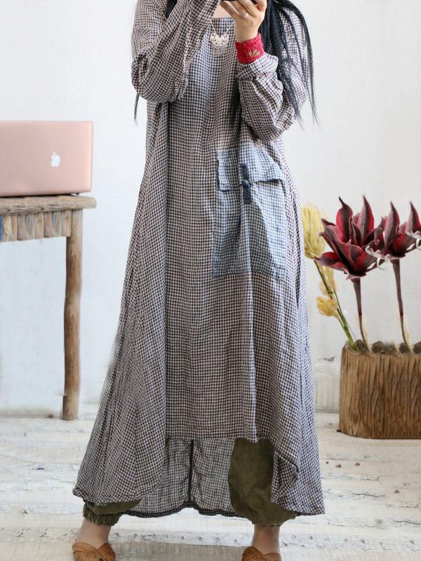 Loose Vintage Linen Plaid Round-neck Long Dress by migunica-2