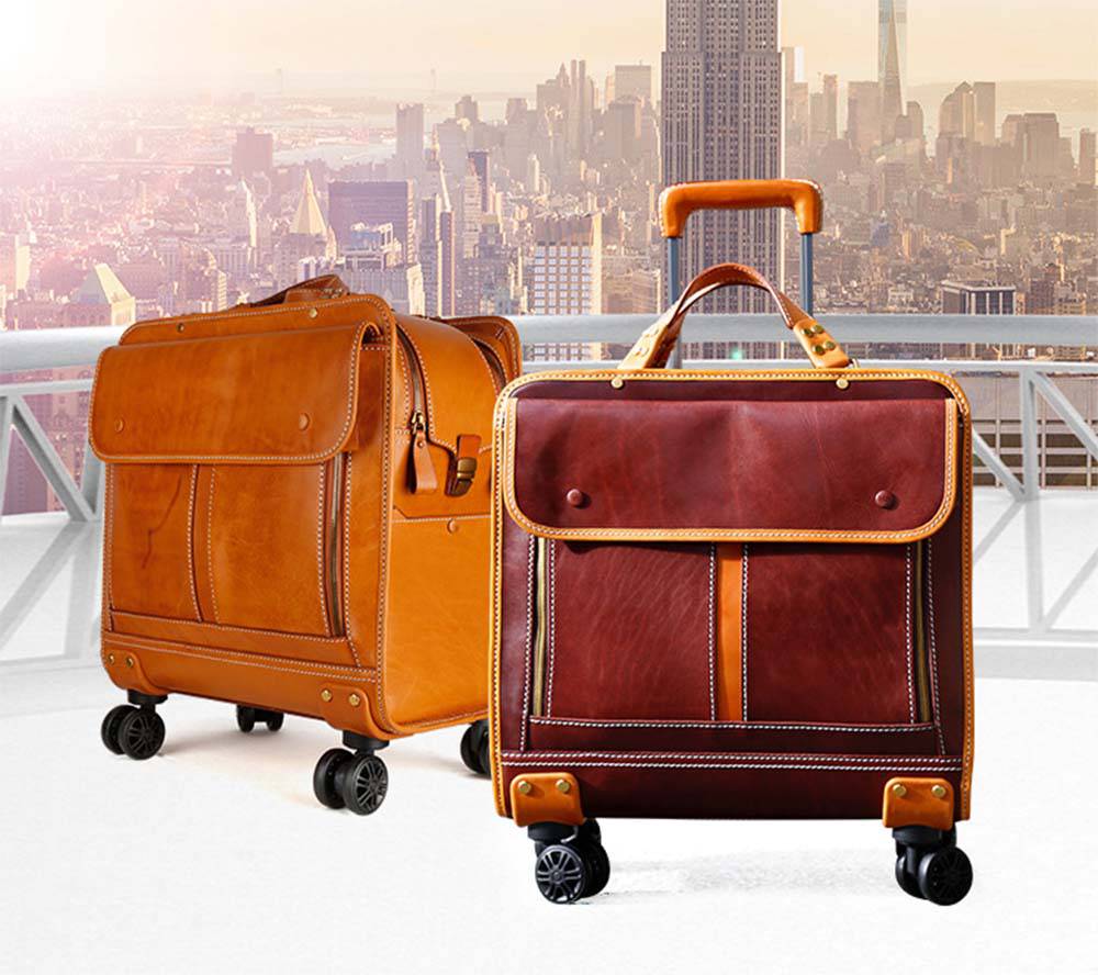 Genuine Vintage Italian Vegetable Tanned Leather 20-inch Carry-on Universal wheel Cabin Rolling Spinner Travel Luggage-1