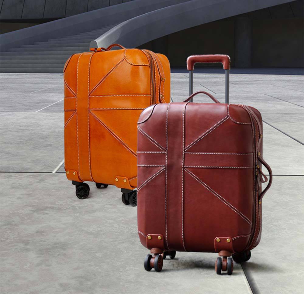 Unisex Genuine Vintage Vegetable Tanned Leather Carry On Business Trolley Bag Rotate Universal Wheel 20 Inch Travelling Luggage Bag-0