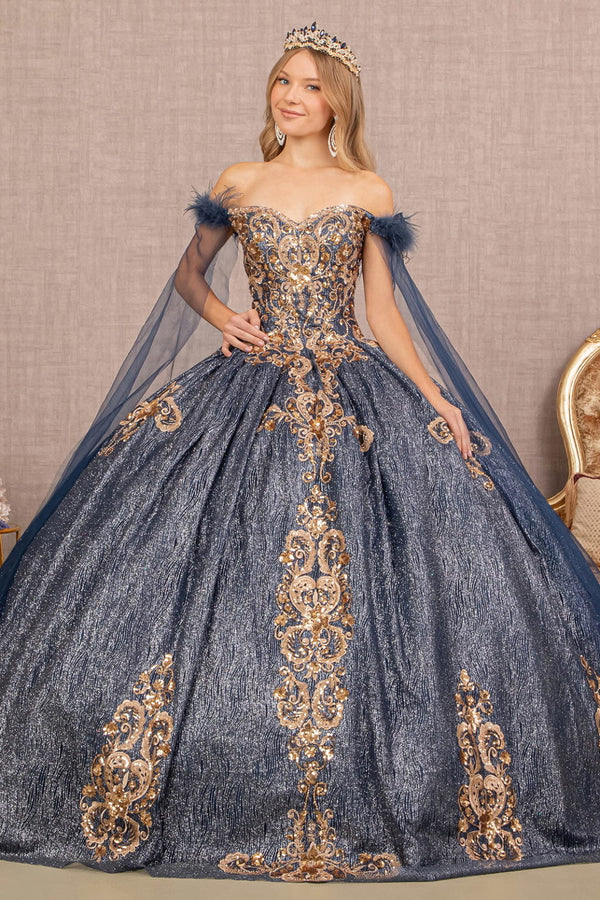 Feather Sequin Quinceanera Gown w/ Detachable Side Mesh Layer - Memoriex - UK
