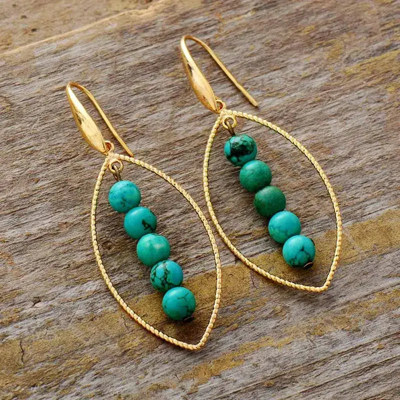 Gold Leaf Turquoise Dangle Earrings-2