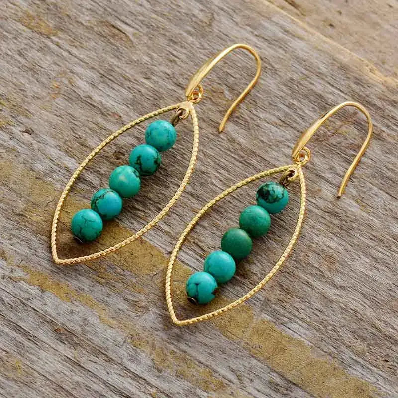 Gold Leaf Turquoise Dangle Earrings-1