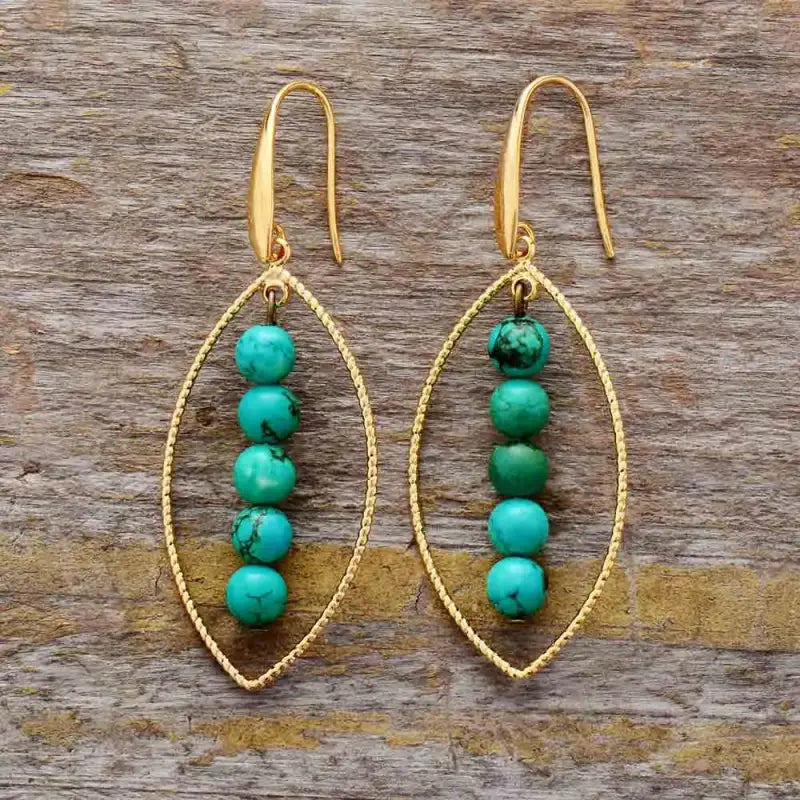 Gold Leaf Turquoise Dangle Earrings-0