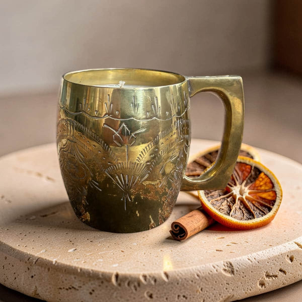 Repurposed Etched Brass Mug Candle-0