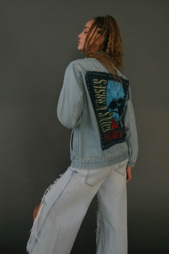 Guns N Roses Flower Skull Hand Stitched Denim Jacket by People of Leisure-0