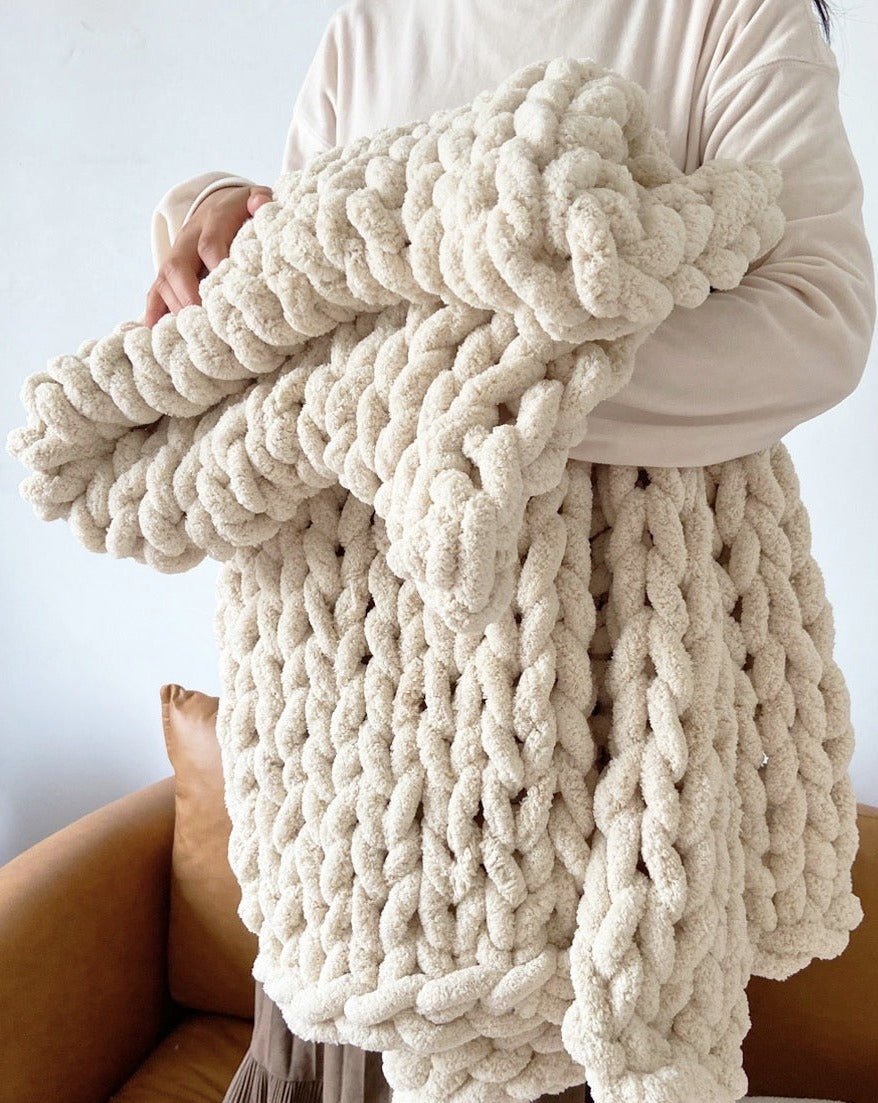 Handmade Beige Chunky Fluffy Knit Throw Blanket - Cozy and Soft Chenille Yarn-1