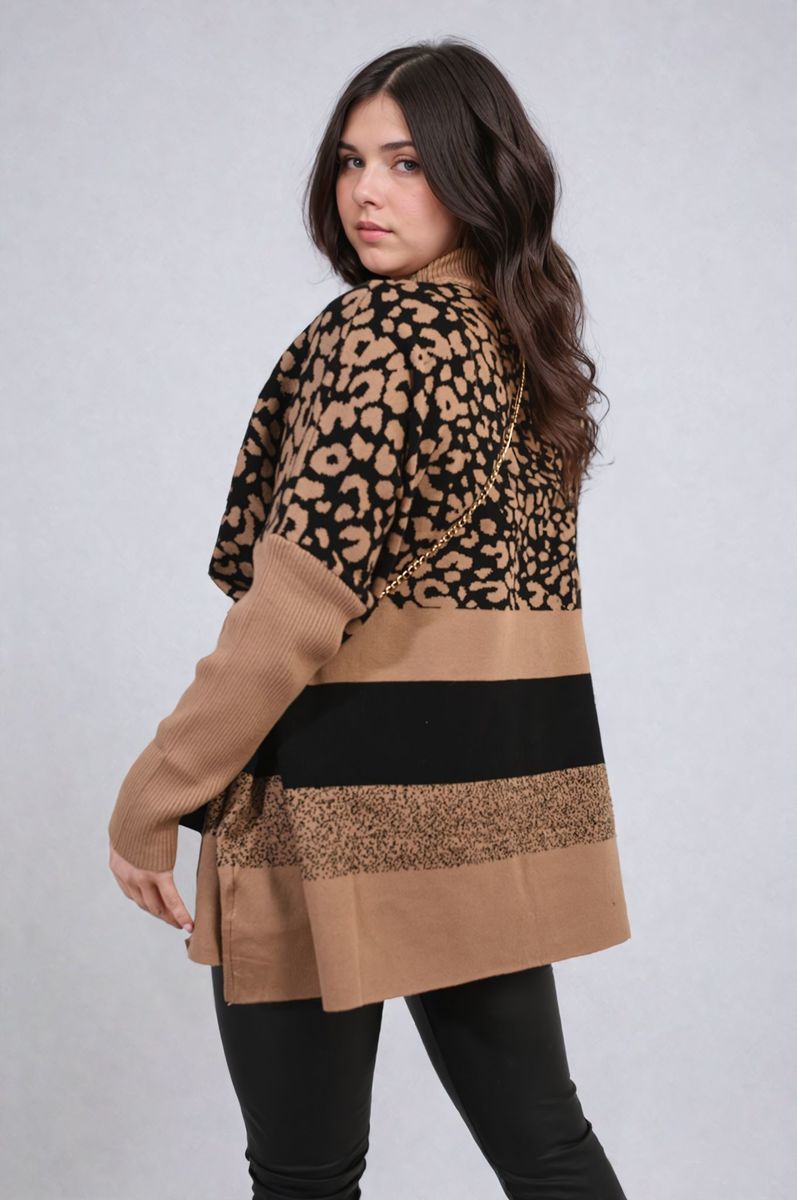 Oversized Leopard Print High Neck Knitted Jumper-1