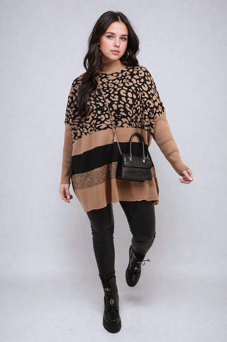 Oversized Leopard Print High Neck Knitted Jumper-2